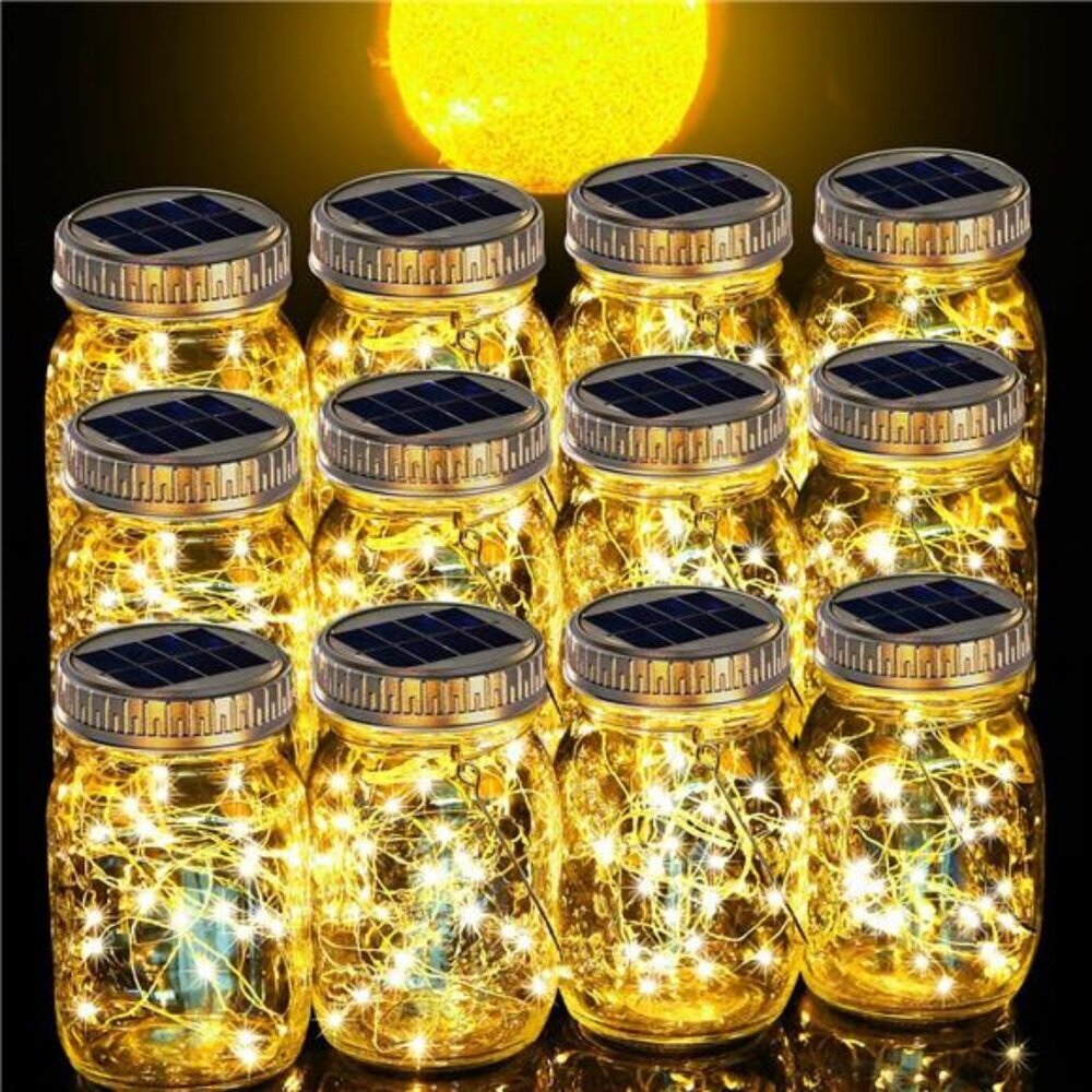 12 Pack Solar Lanterns Outdoor Waterproof Upgraded Crystal Glass Solar Mason Jar